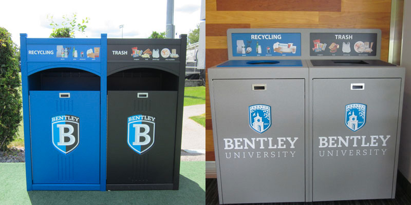 Bentley University campus recycling program outdoor waste bins