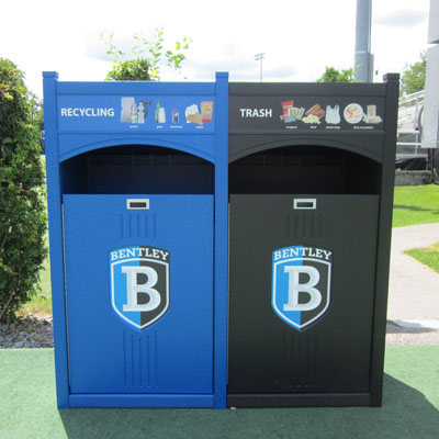 Bentley University campus recycling program outdoor waste bins