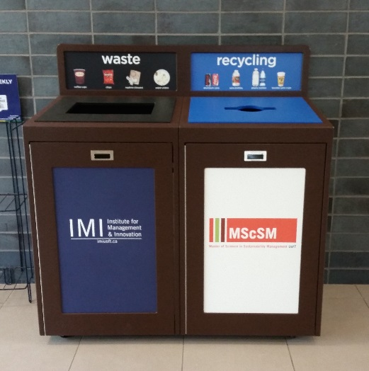 Indoor Campus Recyling and Waste Container with recycling labels and recycling images, Sustainability Manager, Facility Manager, recycling program, office recycling, business recycling, campus recycling
