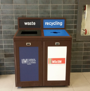 Indoor Campus Recyling and Waste Container with recycling labels, Sustainability Manager, Facility Manager, recycling program, office recycling, business recycling, campus recycling