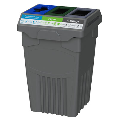 Office recycling bin with separate streams for garbage, bottle recycling, and paper recycling