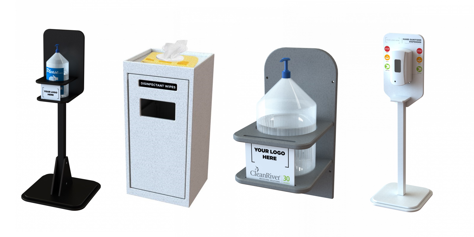 different types of CleanRiver sanitation stations and sanitation stands
