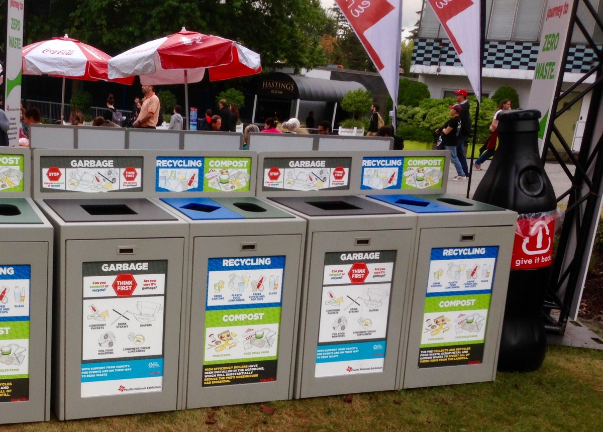 CleanRiver Transition® TIM recycling bins with wate journey graphics at the Pacific National Exhibition